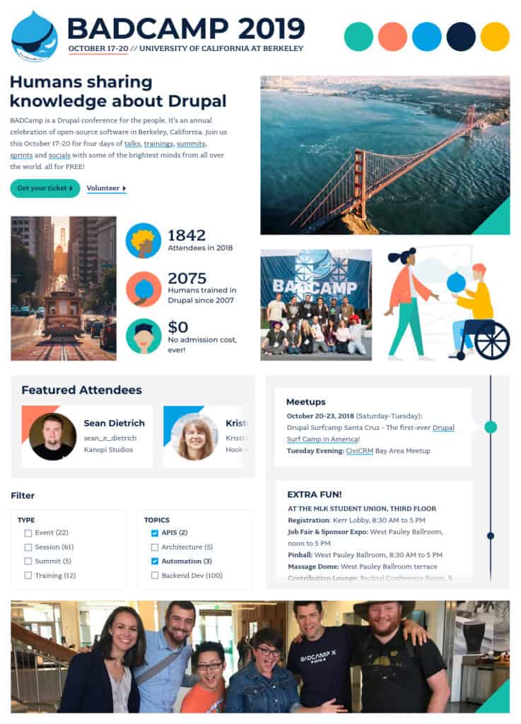 Style tile for BADCamp, showing use of images, buttons, colors, and statistics.