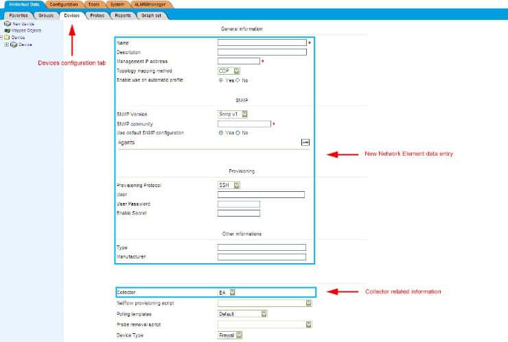 Figure 4: Consolidator view of the Network Element registration table. Collector related information is only displayed when Distributed Architecture is enabled.