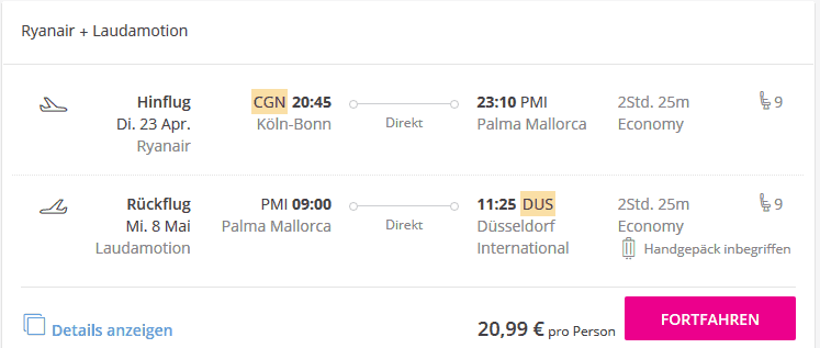Screenshot Deal Flug Köln Mallorca nur 20,99€ Hin- & Rückflug Screenshot Deal Flug Köln Mallorca nur 20,99€ Hin- & Rückflug
