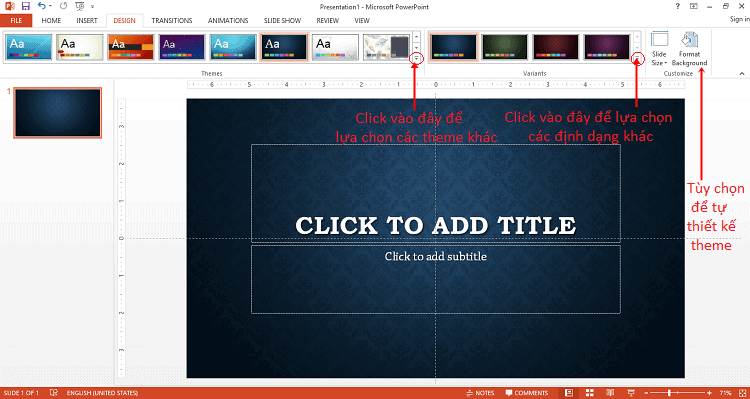 Chỉnh sửa theme cho powerpoint trên tab Design