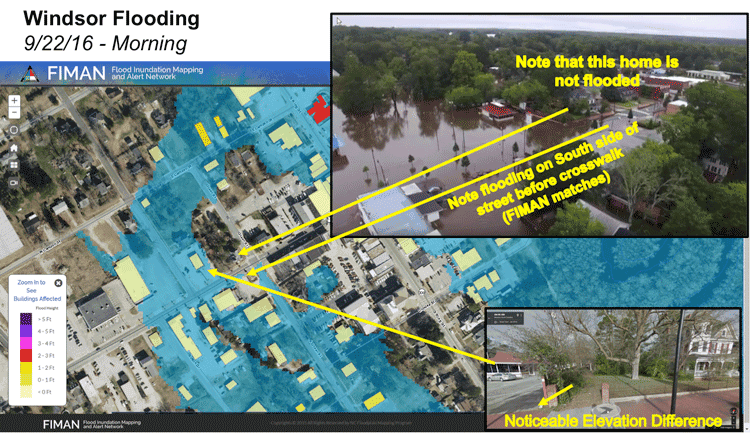 Projected and actual flooding of the Cashie River caused by Tropical Storm Julia in September 2016