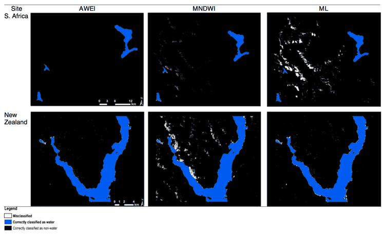 Results of testing between different classifiers: Automated Water Extraction Index (AWEI), Difference Water Index (MNDWI), and Maximum Likelihood (ML). Source: Feyisa et al., 2014.