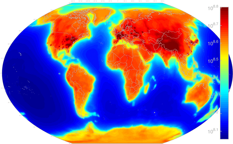 Worldwide antineurino glow map showing geoneutrinos from both natural sources Uranium-238 and isotopes of thorium as well as from manmade sources such as power reactors.