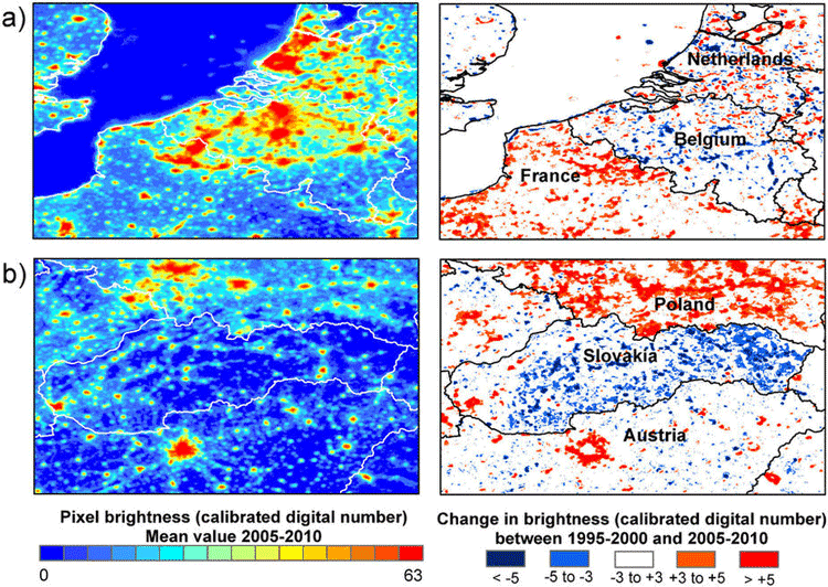 (a) Belgium shows decreases in nighttime brightness along the motorway network, while neighbouring regions of France have increased substantially in brightness. (b) Slovakia shows marked decreases in brightness, with the exception of Bratslava and towns in the west of the country. In contrast, neighbouring regions of Poland have become substantially brighter. From: Bennie et. al, 2013.