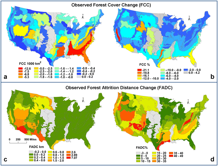Forest cover change (FCC) and forest attrition distance change (FADC) by area (in km) and by percentage. Forest cover change (FCC) is calculated by subtracting the amount of forest in 1992 from the amount of forest in 2001. Source: Yang & Mountrakis, 2017.