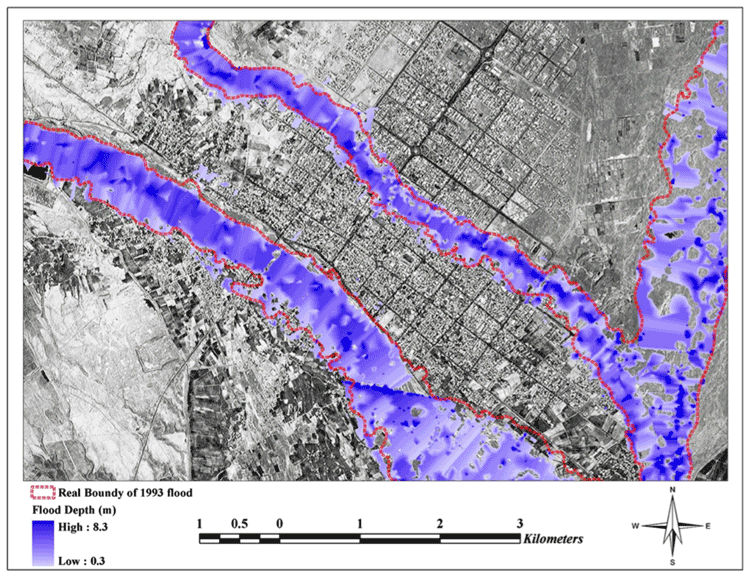 Simulated 1993 historical flood event at the vicinity of Jiroft city in southeastern Iran. From: Sarhadi, Soltani, and Modarres, 2012.