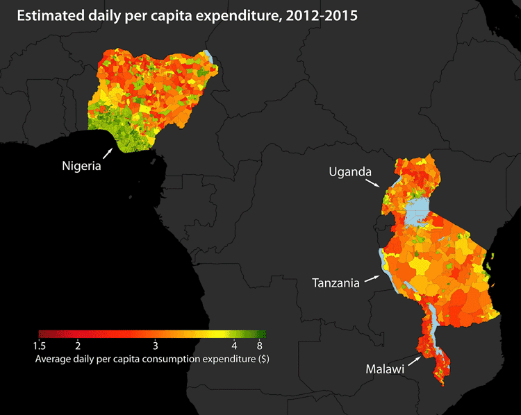 Estimates of per capita consumption in four African countries. Stanford researchers used machine learning to extract information from high-resolution satellite imagery to identify impoverished regions in Africa. (Image credit: Neal Jean et al.)