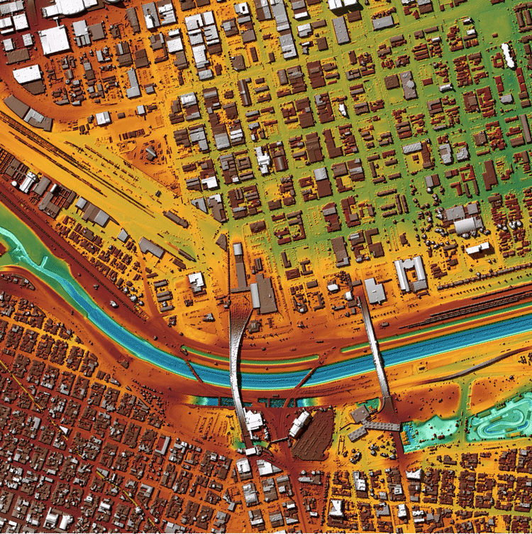 3D LiDAR surface model, colored by elevation, for a portion of the City of El Paso, Texas. U.S. and Mexico territory, separated by the Rio Grande River