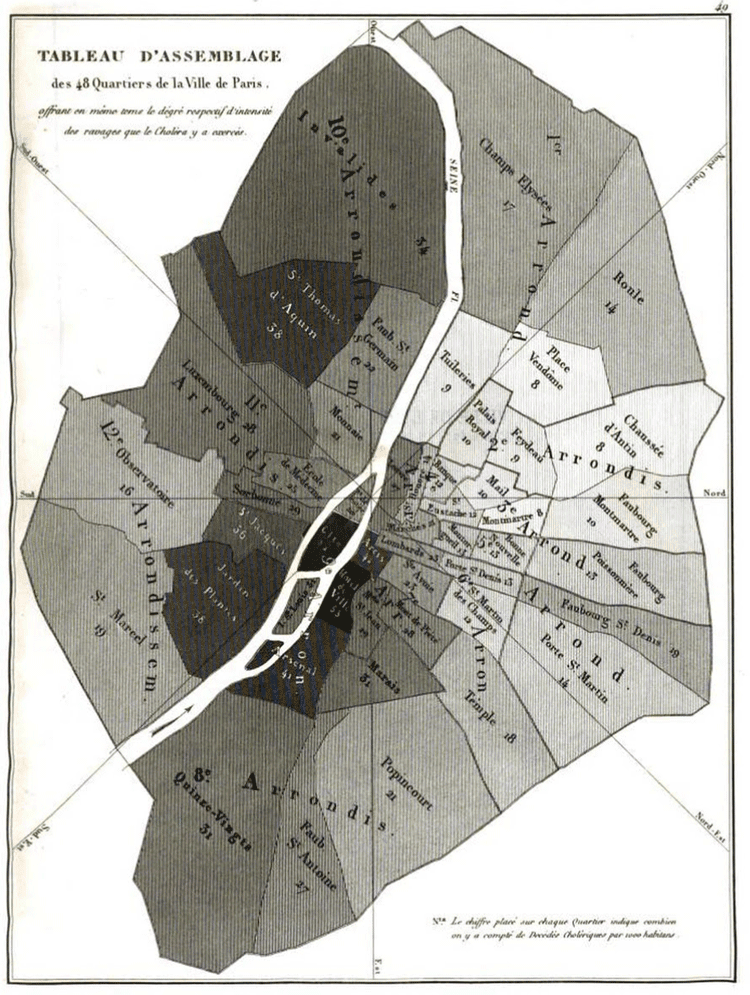 1832 shaded map showing cholera deaths per thousand inhabitants for each of the 48 districts in Paris by Charles Picquet.