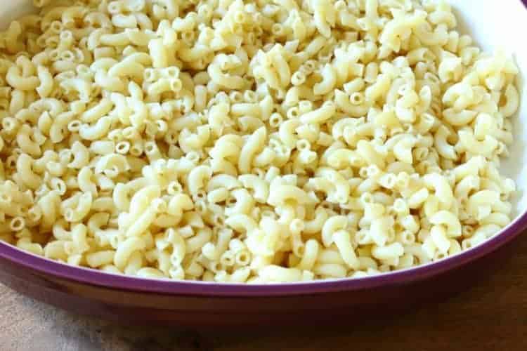 Homemade oven-baked macaroni and cheese - first layer cooked macaroni in greased baking dish