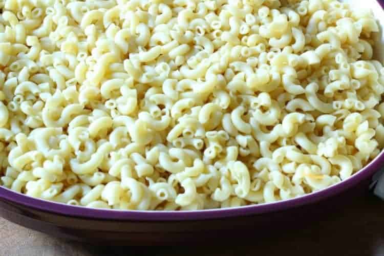 Homemade oven-baked macaroni and cheese - second layer of cooked elbow macaroni