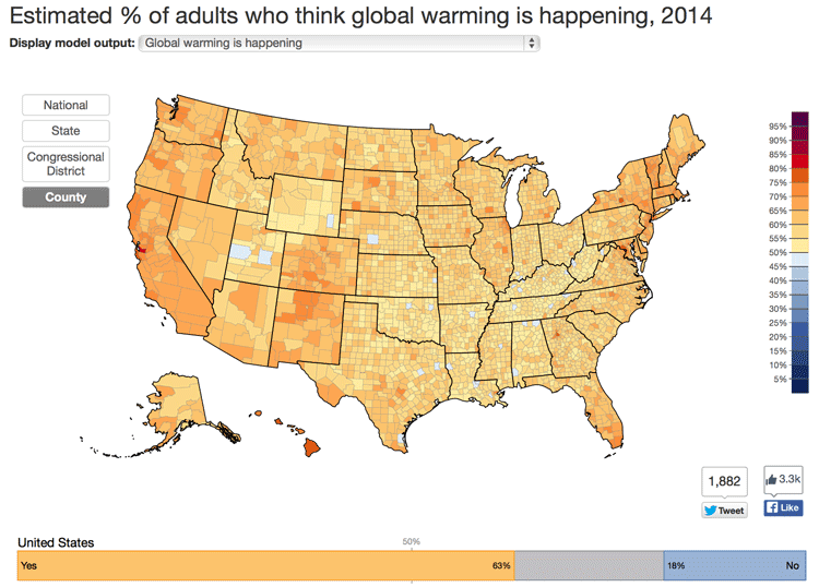 County level map of estimated % of adults who think global warming is happening, 2014.