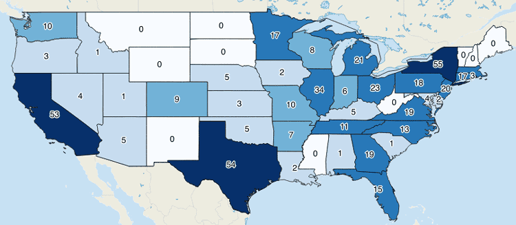 Map showing the number of Fortune 500 company headquarters per state with counts as labels. Map created in QGIS. Data from Fortune, 2015.