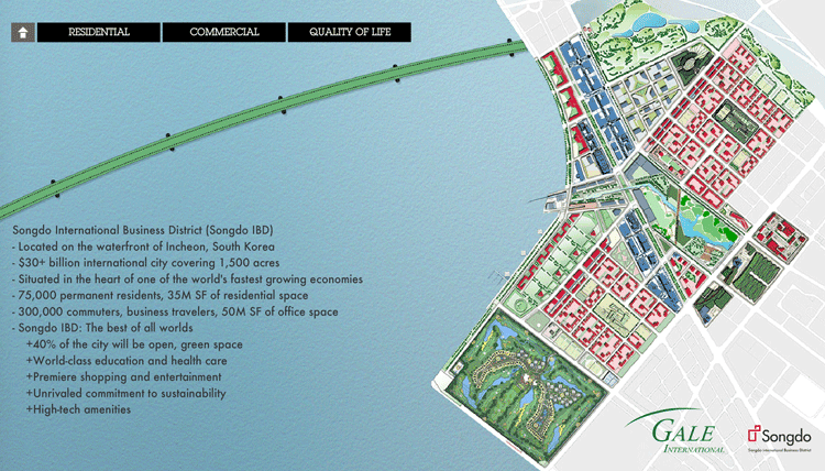 Songdo is a new South Korean "smart city" build from scratch on 1,500 acres of reclaimed land. Map from Songdo IBD.