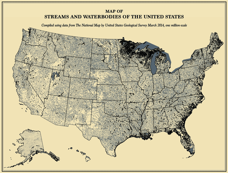 Map showing the streams and waterbodies of the US with data from the USGS, 2014. Map: Yau, FlowingData.