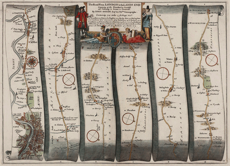 This 17th century road strip map was created by John Ogilby as part of his 1675 Britannia Atlas. The map shows the route from London to Winchester via Staines, Reading and Basingstoke.