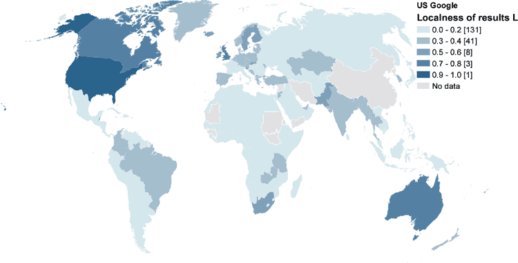 Localness indicator per country for the U.S. version of Google and queries in English. From: Ballatore, Graham, & Sen, 2017.