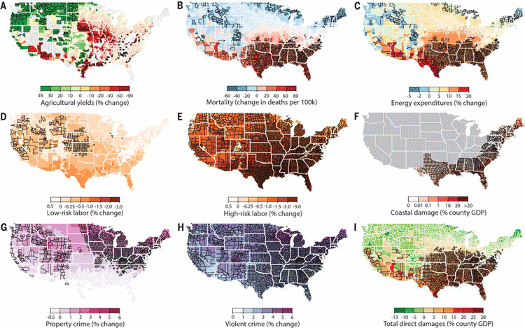Maps showing how climate change will adversely affect the United States in areas of agriculture, crime, life span, property damage, and labor. Source: Hsiang, et. al, 2017.
