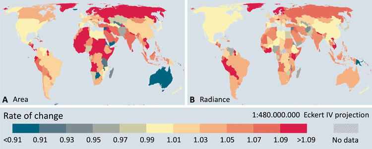 Geographic patterns in changes in artificial lighting.