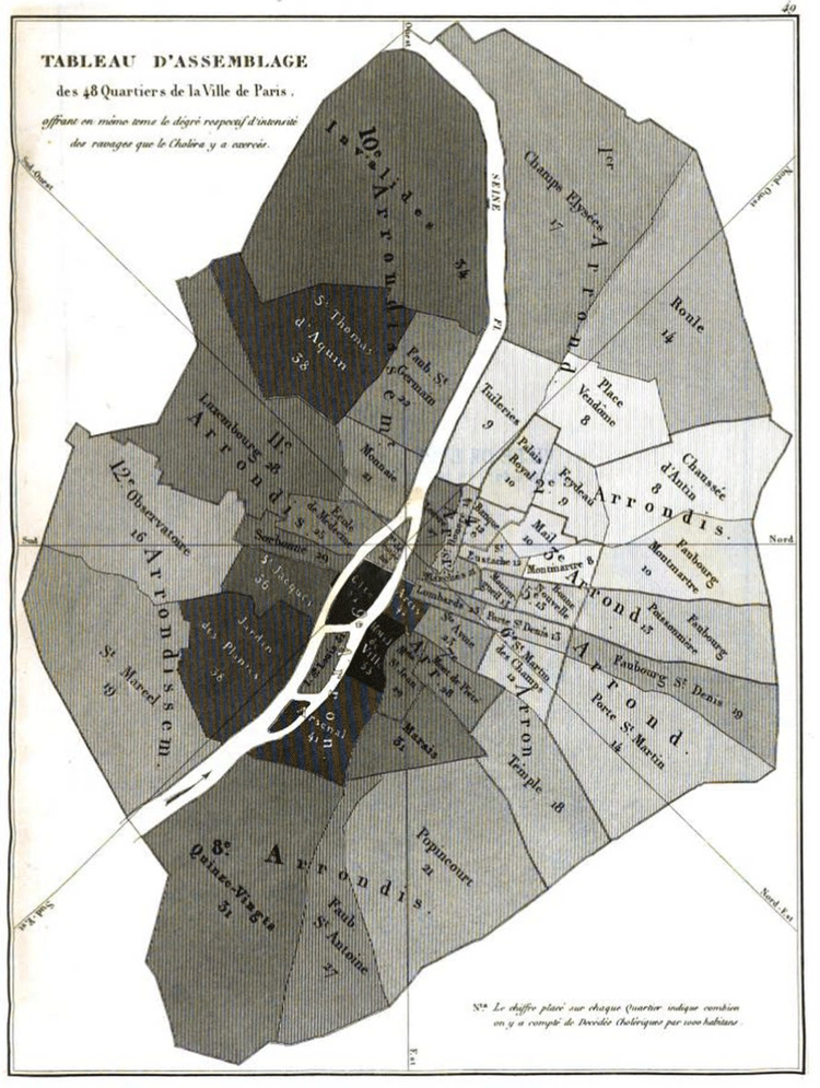 1832 shaded map showing cholera deaths per thousand inhabitants for each of the 48 districts in Paris by Charles Picquet.