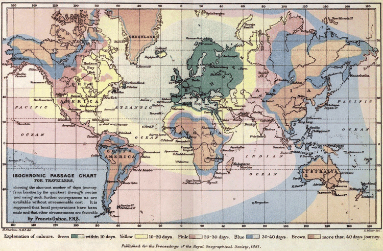 Isochronic Passage Chart for Travelers (global map of travel time departing from London) Francis Galton, 1881