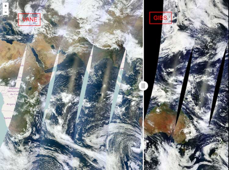 The comparison of VANE and NASA GIBS layers as for Terra satellite in web-mercator projection.