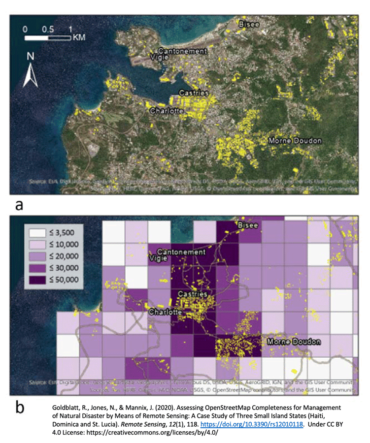 Map A shows OpenStreetMap (OSM) building footprints overplayed onto an aerial. Map B shows predicted building footprint by area. The darker purple areas predict a high frequency of building footprints. The yellow overlay are the OSM building footprint layer. Source: Goldblatt, Jones, & Mannix, 2020, CC BY 4.0