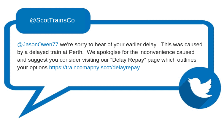 From: @ScotTrainsCo @JasonOwen77 we're sorry to hear of your earlier delay. This was caused by a delayed train at Perth. We apologise for the inconvenience caused and suggest you consider visiting our “Delay Repay” page which outlines your options https://traincomapny.scot/delayrepay