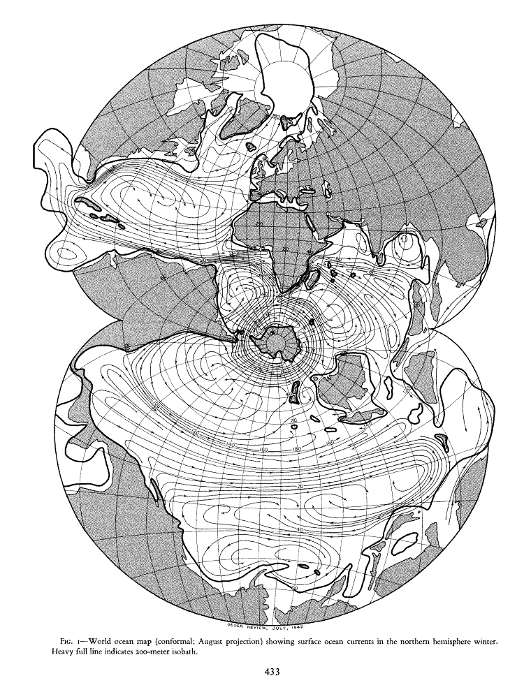 World ocean map (conformal; August Projection) from Spilhaus, 1942