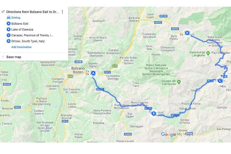 Great Dolomites Road map and route planner- Bolzano to Ortisei via Sella Pass