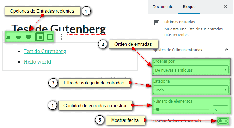 Muestra el bloque de Últimas entradas