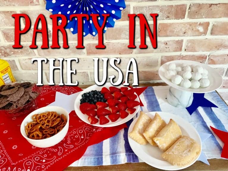 close up of american buffet table with "Party in the USA" graphic overlay