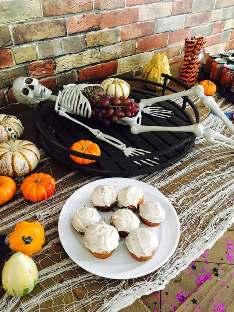 skeleton and party treats displayed on a table