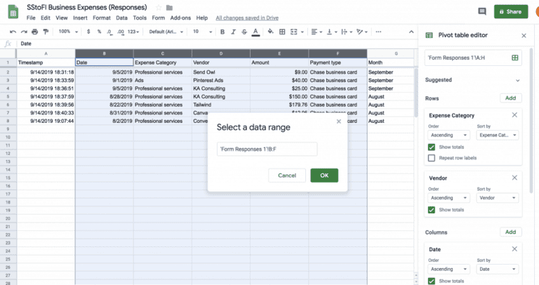 Screenshot of highlighting the right form response columns to create a pivot table in Google sheets.