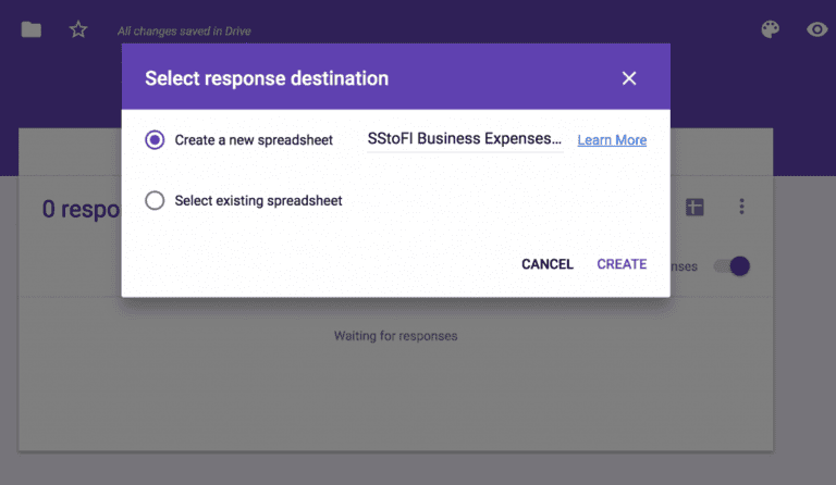 Save a Google form as a new spreadsheet in Google Sheets.