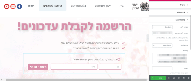 צילום מסך של טופס הרשמה באלמנטור עם אינטגרציה למיילצ'ימפ