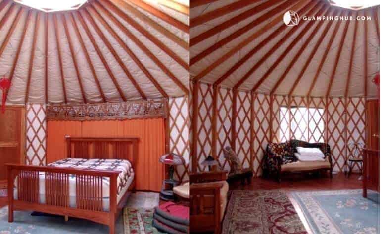 The interior of a yurt rental in Kaaterskill Forest, NY