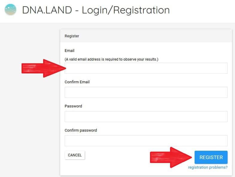 The form to fill out to register for a new DNA Land account