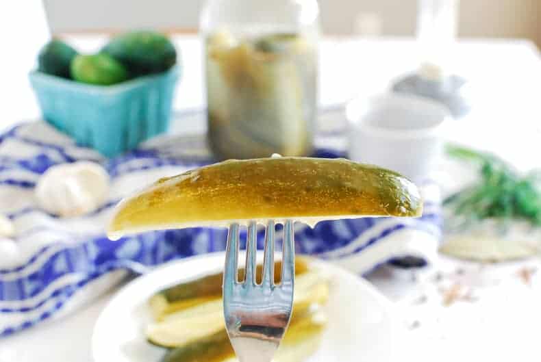A fork holds up a pickle spear, in the background are all the pickling supplies.