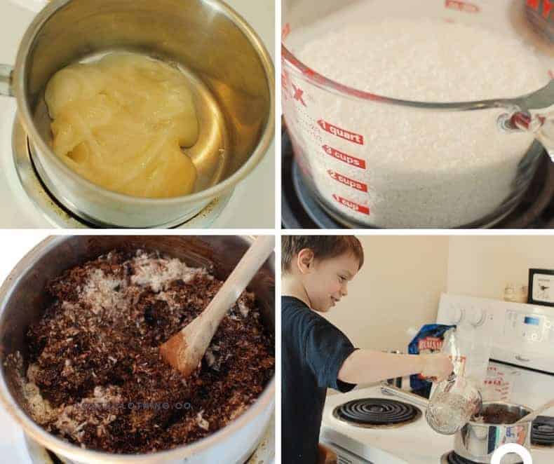 A collage of four photos showing the process of making chocolate coconut macaroons: honey melting in a pot, measured coconut, mixing together, and a child pouring ingredients.