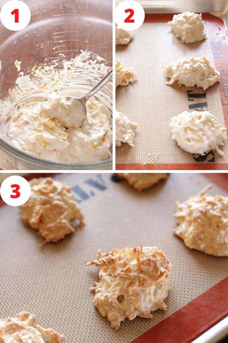 three photos showing unbaked and baked coconut macaroons on a baking sheet.