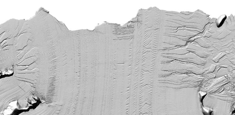 Subtle detail in the Larsen C Ice Shelf. The large crack in the upper right is the beginning of the formation of Iceberg A-68. North is to the left.