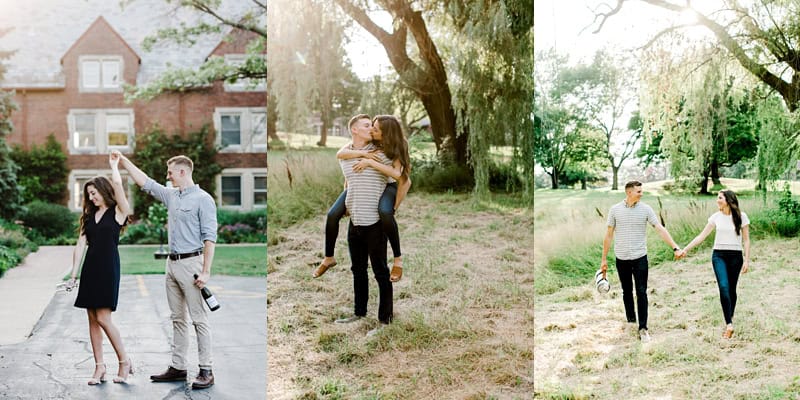 engagement session pictures couple walking, couple dancing, groom is holding bride on his back