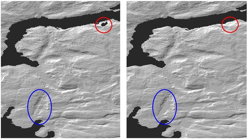 Comparison between GDEM Version 2 and 3 (Left: Version 2, Right: Version 3) Red circle: elevation void area, Blue circle: water area. Source: NASA and METI Science Teams