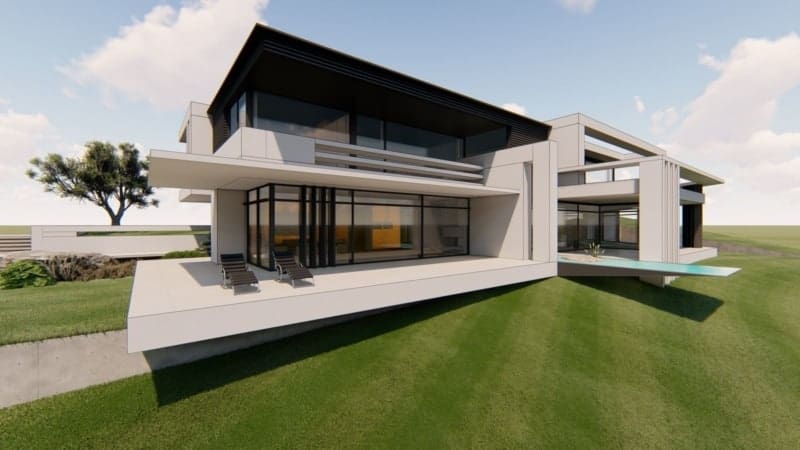 Luxusvilla am Hang Luxusvilla in gebogener Optik mit Pool und schwebendem Gartenhaus