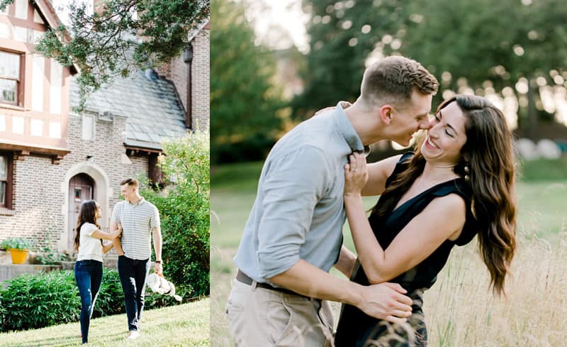 summer engagement session couple kissing, couple walking