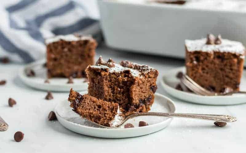 pieces of chocolate chip cake with chocolate chips on top fork on plate