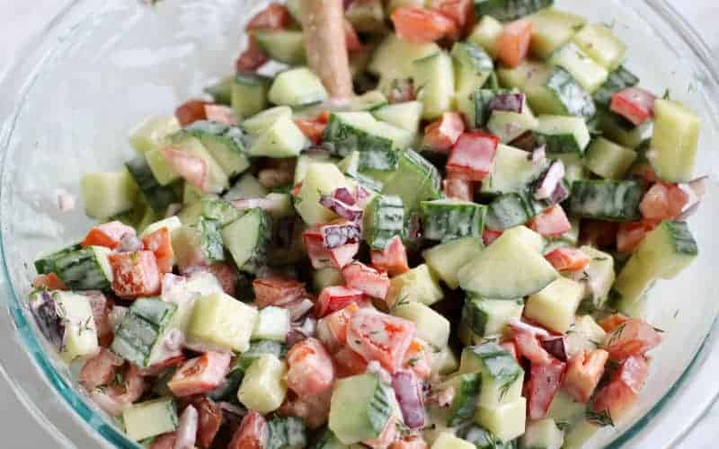 cucumber salad in glass bowl
