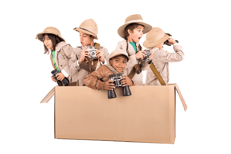 picture of children in cardboard box on make believe safari