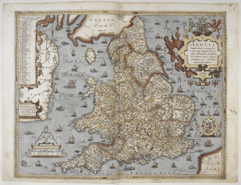 Scanned map of the counties of England, 1579: Royal MS 18 D III, f. 6r. British Library.